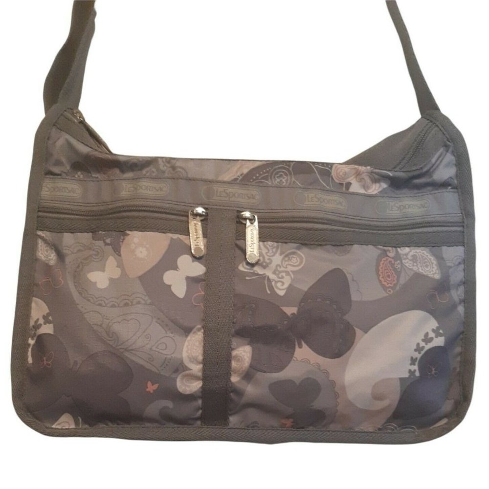 LeSportsac Deluxe Everyday Shoulder Bag Butterfly Pink Gray Purse All-A-Flutter